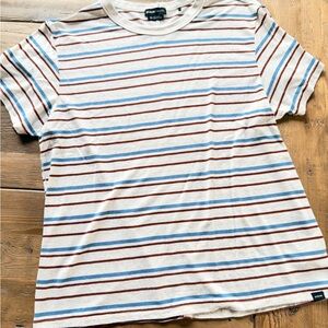 Prana Cream T-Shirt with Blue and Brown Stripes